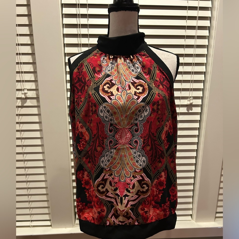 New York & Company Red Black Paisley Halter Blouse